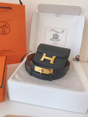 HM KELLY CONSTANCE SLIM WALLET BELT IN BLACK CALFSKIN GOLD HARDWARE