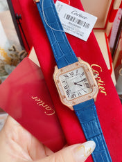 SANTOS LADY 35MM QUARTZ ROSE GOLD CASE DIAMOND BEZEL LEATHER