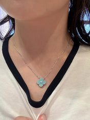 CLOVER 1 DIAMOND LIGHT BLUE SILVER NECKLACE