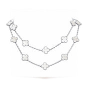 CLOVER 20 MOTIF WHITE MOP 86CM SILVER NECKLACE