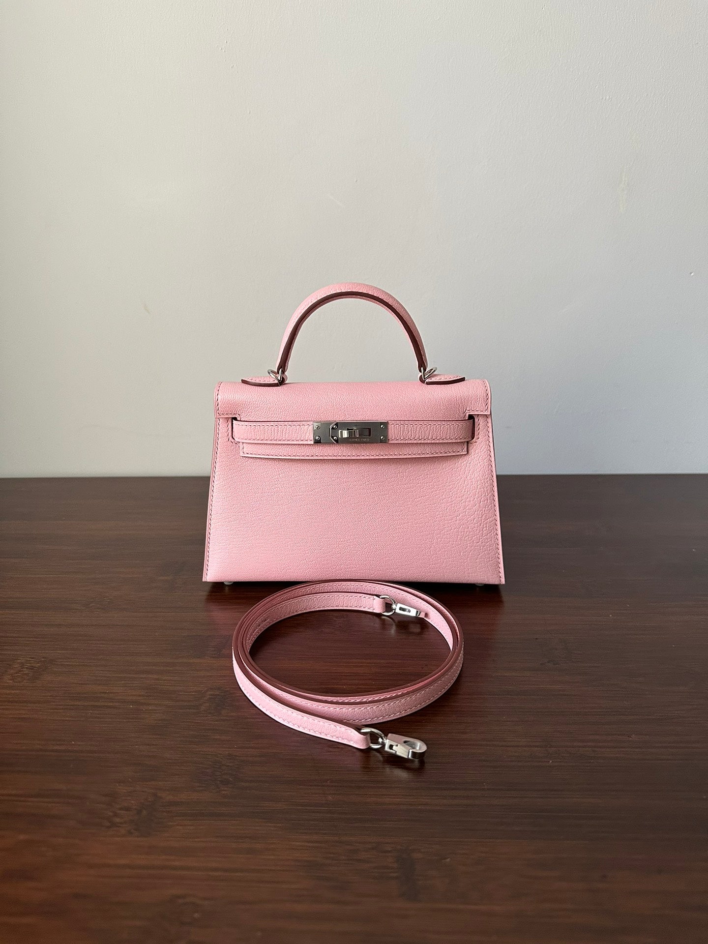 HM KELLY MINI 19 PINK CHEVRE SILVER HARDWARE