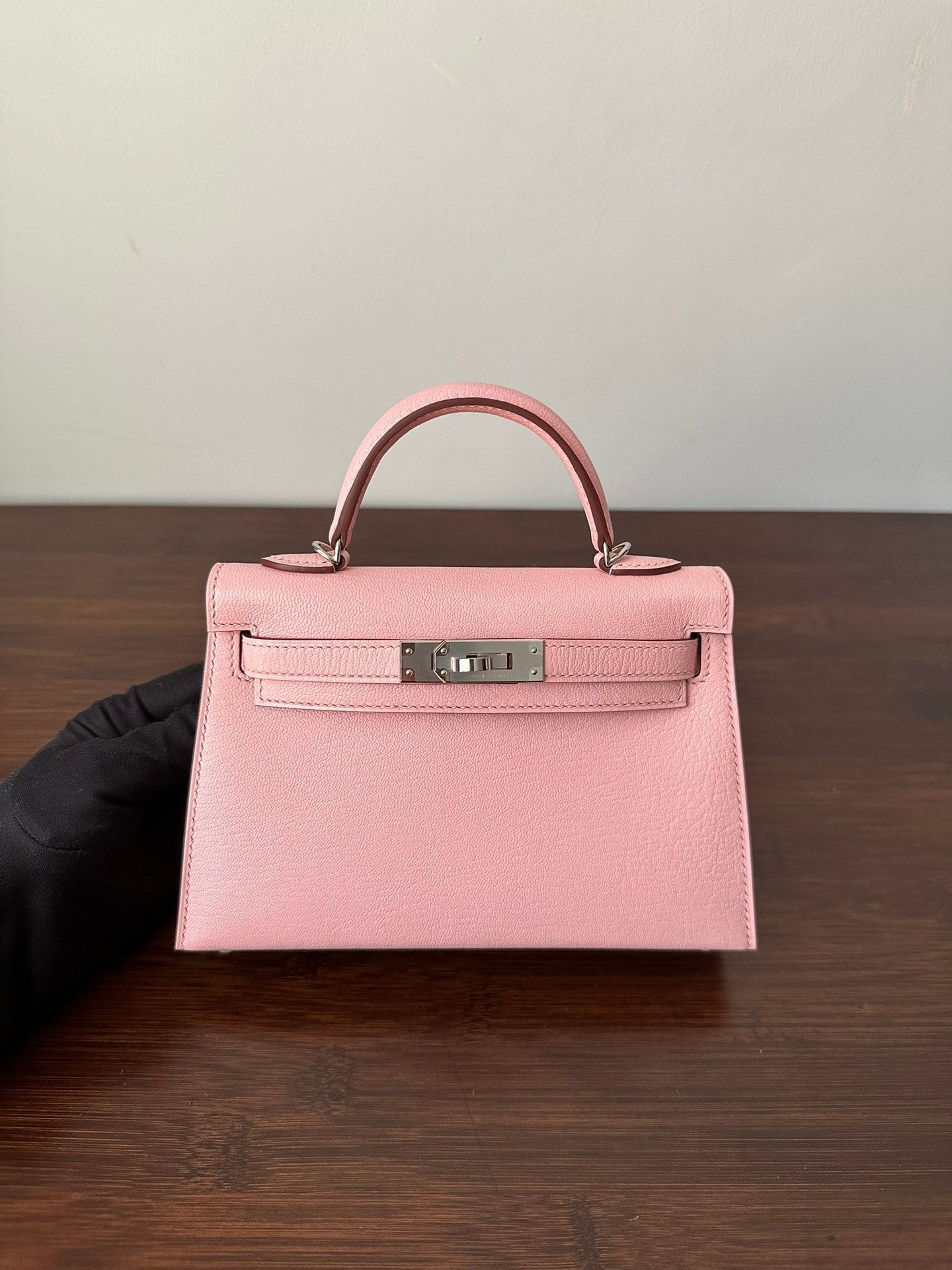 HM KELLY MINI 19 PINK CHEVRE SILVER HARDWARE