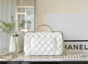 MINI RECTANGLE FLAP BAG TOP HANDLE 20CM WHITE LAMBSKIN SILVER HARDWARE