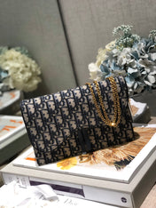 CD Saddle Pouch With Chain Blue Obique Embroidery