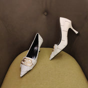 POINTED TOE PUMPS WHITE WITH LOGO PRINT SMOOTH CALFSKIN