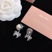 MIUMIU 26S PEARL BOW DROP EARRINGS WITH CRYSTALS IN SILVER TONE METAL 633769