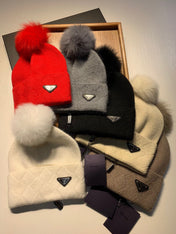 BEANIE HAT IN CAMEL BROWN WOOL AND RABBIT FUR 361437