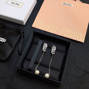MIUMIU 26S CRYSTAL LOGO CHAIN DROP PEARL EARRINGS IN SILVER TONE METAL 630842