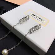 MIUMIU 26S CRYSTAL LOGO CHAIN DROP PEARL EARRINGS IN SILVER TONE METAL 630842