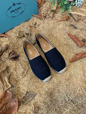 PRADA 26S ESPADRILLE FLATS IN BLACK CANVAS EMBROIDERED LOGO