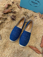 PRADA 26S ESPADRILLE FLATS IN BLUE DENIM EMBROIDERED LOGO