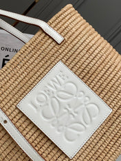LOEWE 25S BASKET BAG 30 IN NATURAL MIX WHITE RAFFIA CALFSKIN SHOULDER STRAP