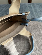 SMALL STRAP WOODY TOTE BAG 26.5 IN BEIGE LINEN CANVAS BLACK WEBBING LOGO EMBROIDER BLUE CALFSKIN