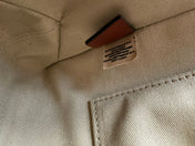 SMALL STRAP WOODY TOTE BAG 26.5 IN BEIGE LINEN CANVAS BLACK WEBBING LOGO EMBROIDER BROWN CALFSKIN