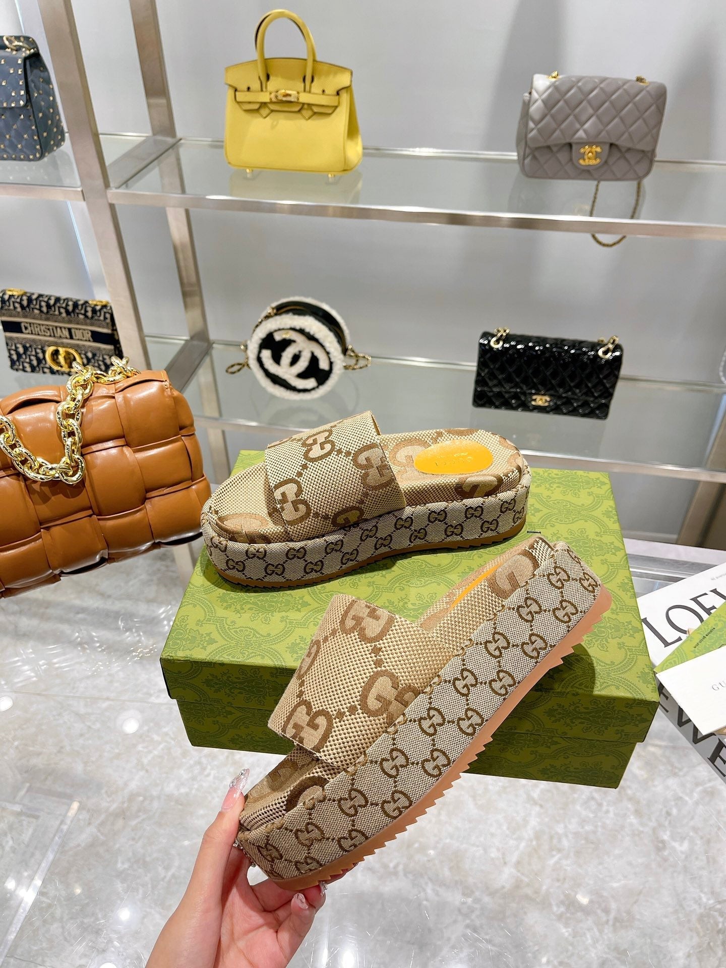 LV MONOGRAM THICK PLATFORM SANDALS IN BEIGE CANVAS