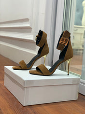 BALMAIN 25S THIN STRAP HIGH HEELS 105MM IN DARK BROWN SUEDE GOLD HARDWARE