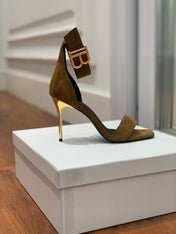 BALMAIN 25S THIN STRAP HIGH HEELS 105MM IN DARK BROWN SUEDE GOLD HARDWARE
