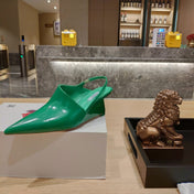 PRADA 26S SLINGBACK KITTEN HEELS IN EMERALD GREEN PATENT CALFSKIN