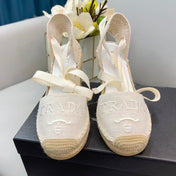 PRADA 26S ESPADRILLE HIGH HEEL SANDALS IN IVORY WHITE CANVAS