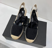 PRADA 26S ESPADRILLE HIGH HEEL SANDALS IN BLACK CANVAS