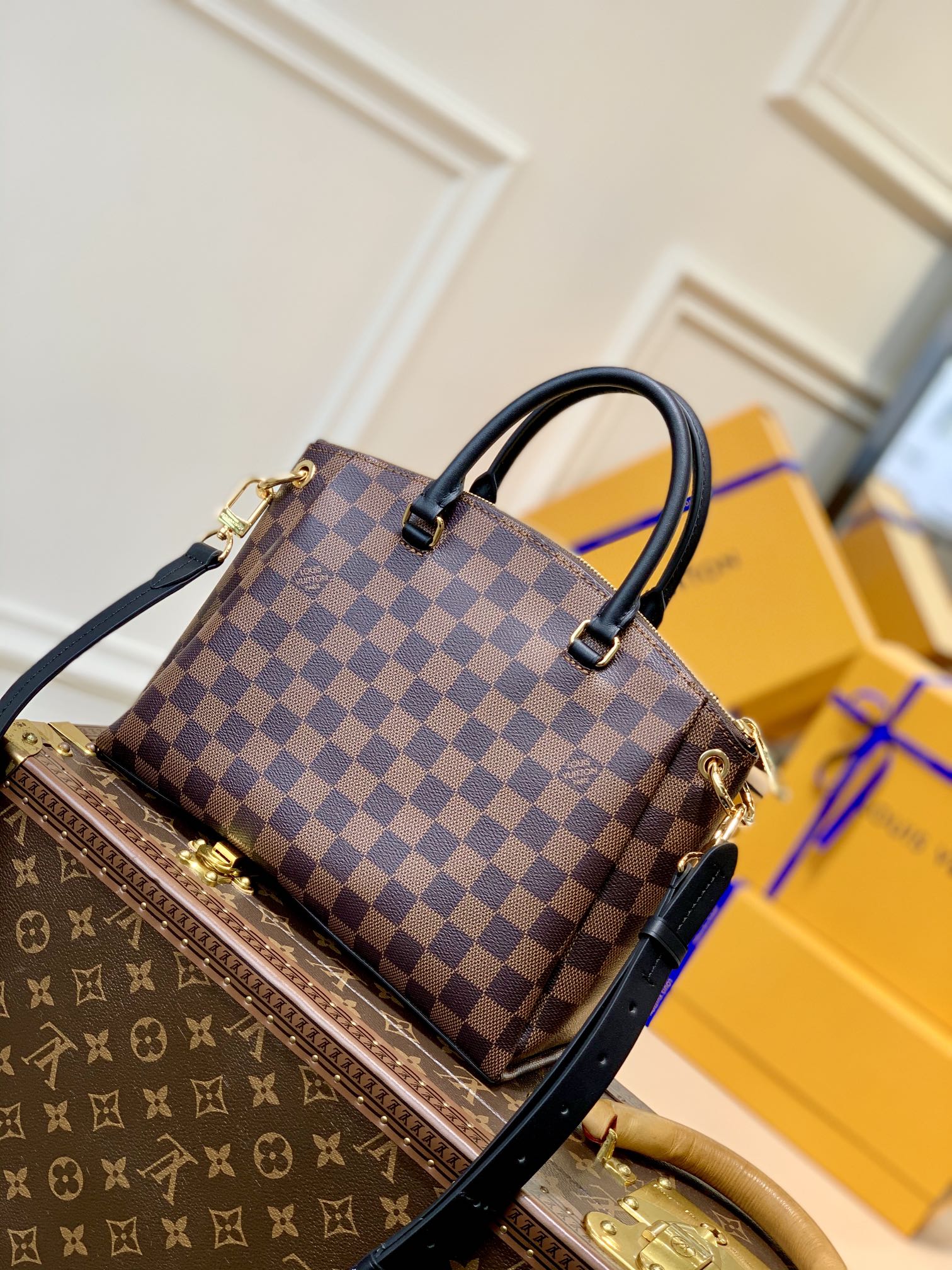 BOÉTIE PM TOTE 25 IN BROWN CHECKERED PATTERN MONOGRAM COATED CANVAS