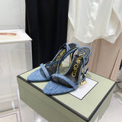 TOM FORD 26S GOLD BUCKLE HEELS 105 MM IN BLUE DENIM