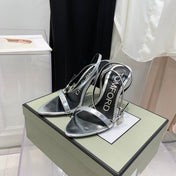 PADLOCK HIGH HEEL 10 CM SANDAL IN SILVER SHEEPSKIN