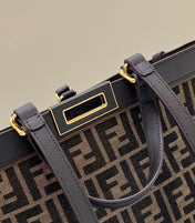 FENDI TOTE 41 BAG IN BROWN MIX BLACK MONOGRAM CANVAS GOLD HARDWARE