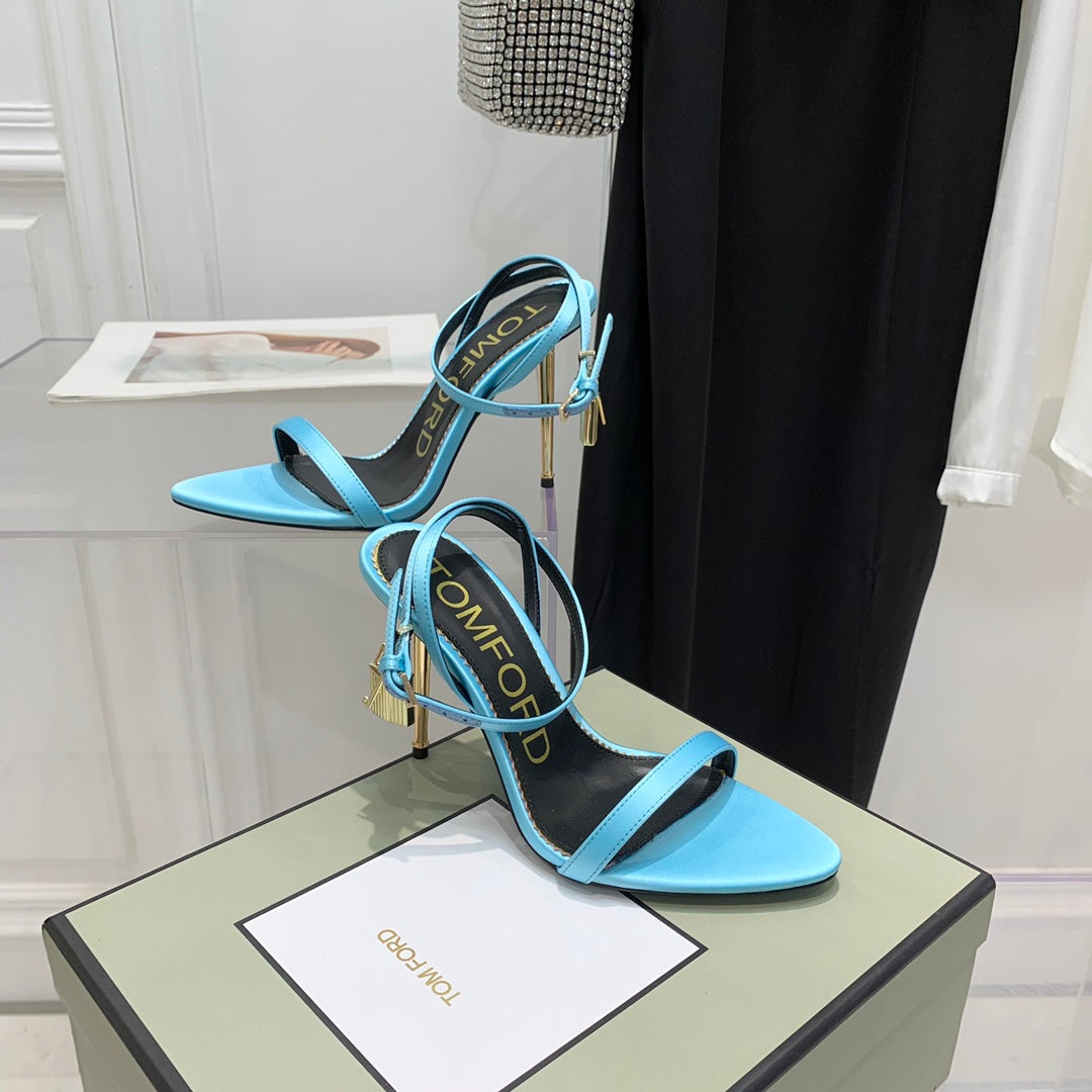 TOM FORD 26S GOLD BUCKLE HEELS 105 MM IN AQUA BLUE LAMBSKIN