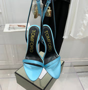 TOM FORD 26S GOLD BUCKLE HEELS 105 MM IN AQUA BLUE LAMBSKIN