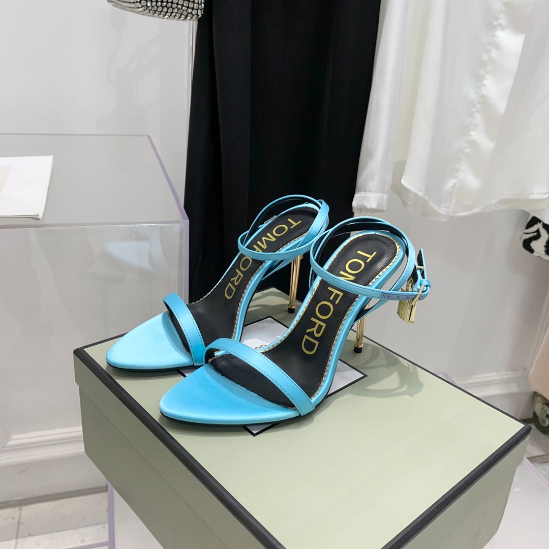 TOM FORD 26S GOLD BUCKLE HEELS 105 MM IN AQUA BLUE LAMBSKIN