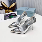 PRADA 26S PUMPS STILETTO HEEL 95MM IN SILVER METAL TIP CALFSKIN
