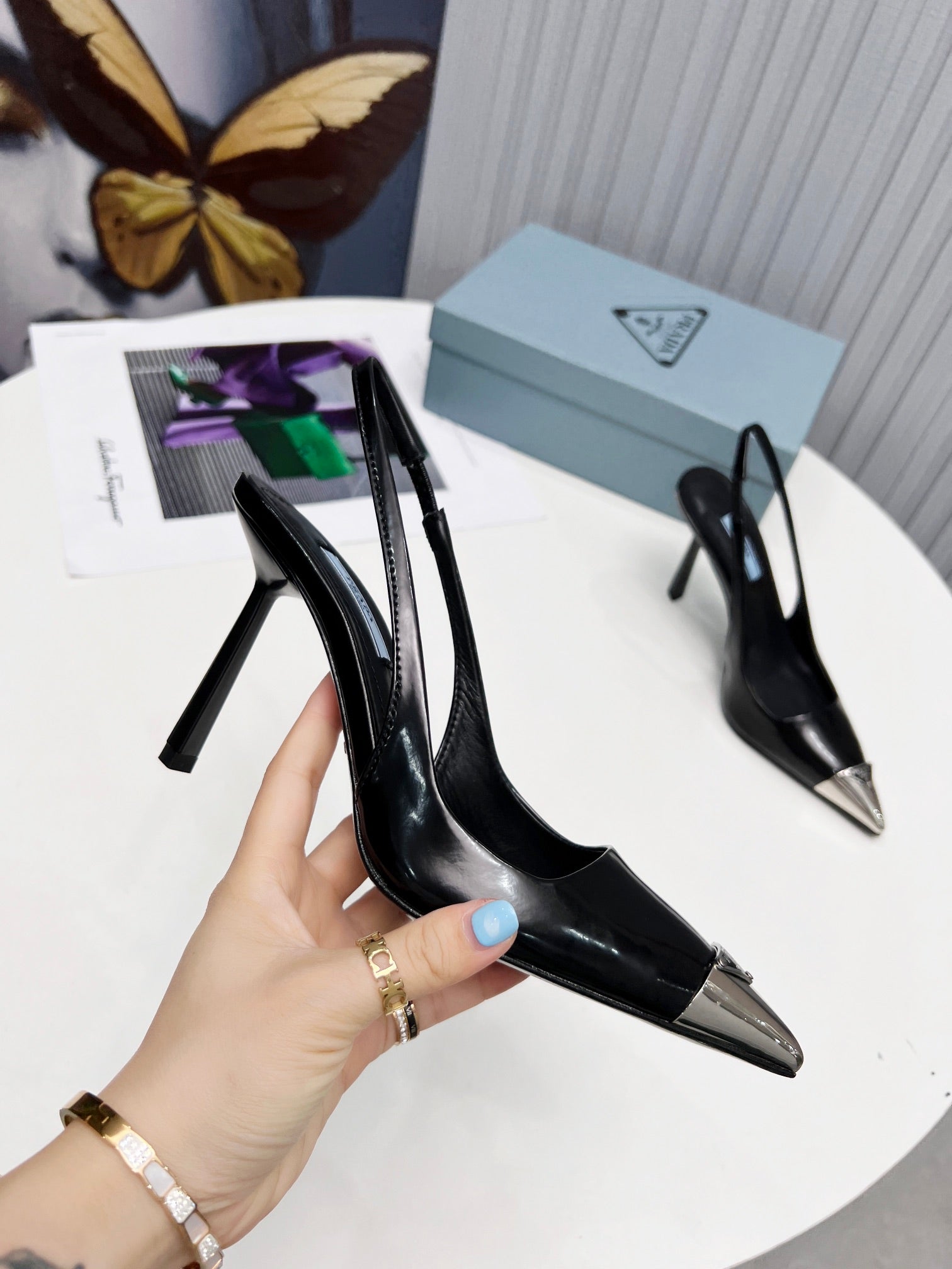 PRADA 26S SLINGBACK HEELS 95MM IN BLACK METAL TIP CALFSKIN