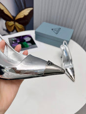 PRADA 26S SLINGBACK HEELS 95MM IN SILVER METAL TIP CALFSKIN