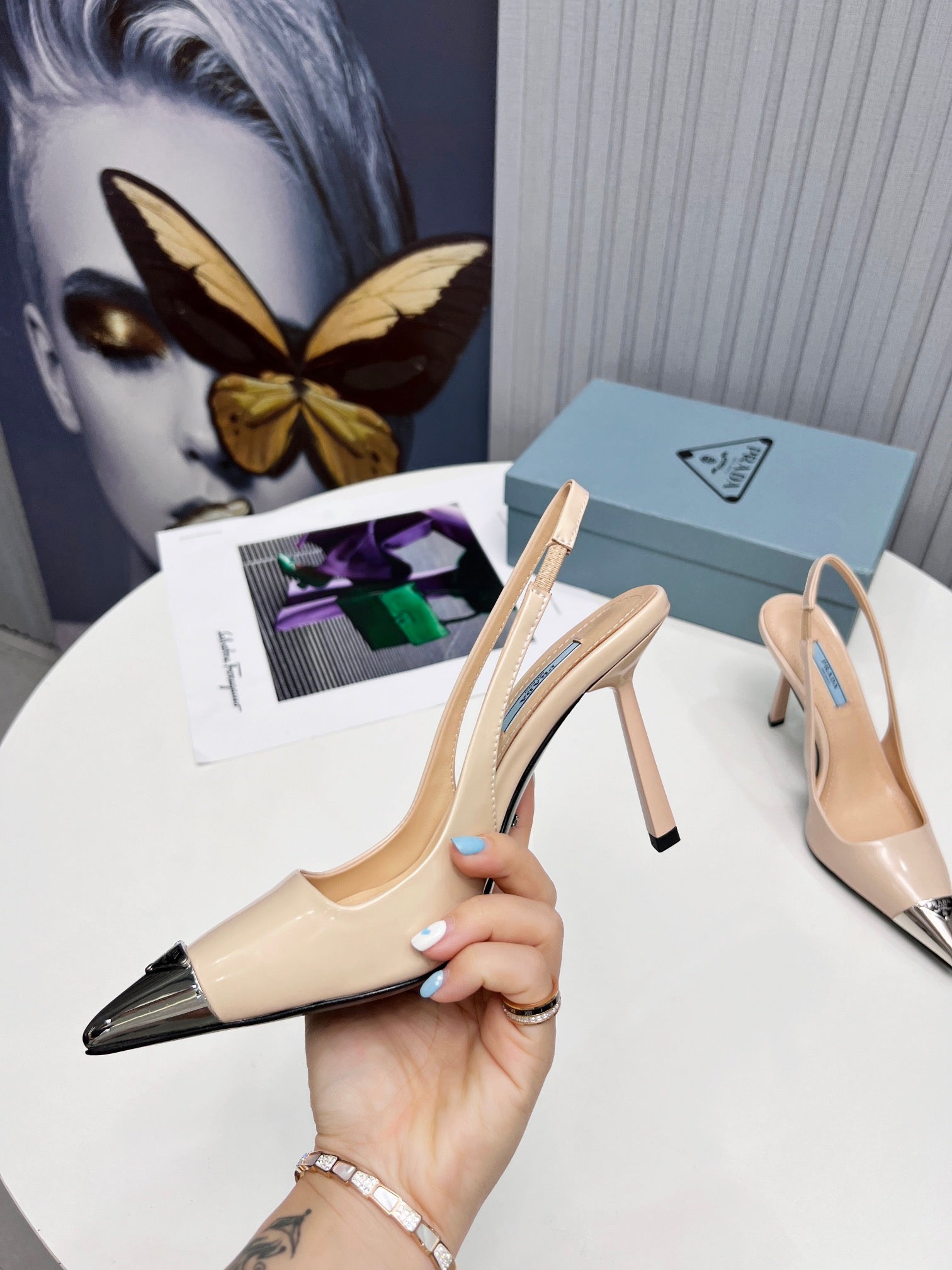 PRADA 26S SLINGBACK HEELS 95MM IN NUDE BEIGE METAL TIP CALFSKIN