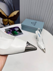 PRADA 26S SLINGBACK HEELS 95MM IN WHITE METAL TIP CALFSKIN