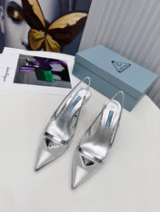 PRADA 26S SLINGBACK PUMPS STILETTO HEEL 95MM IN SILVER MESH WITH LOGO