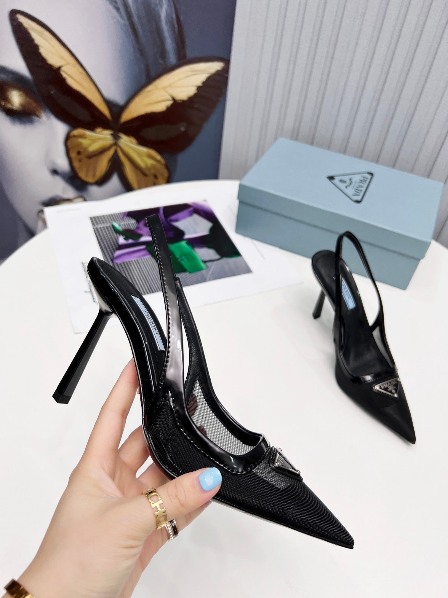 PRADA 26S SLINGBACK PUMPS STILETTO HEEL 95MM IN BLACK MESH WITH LOGO