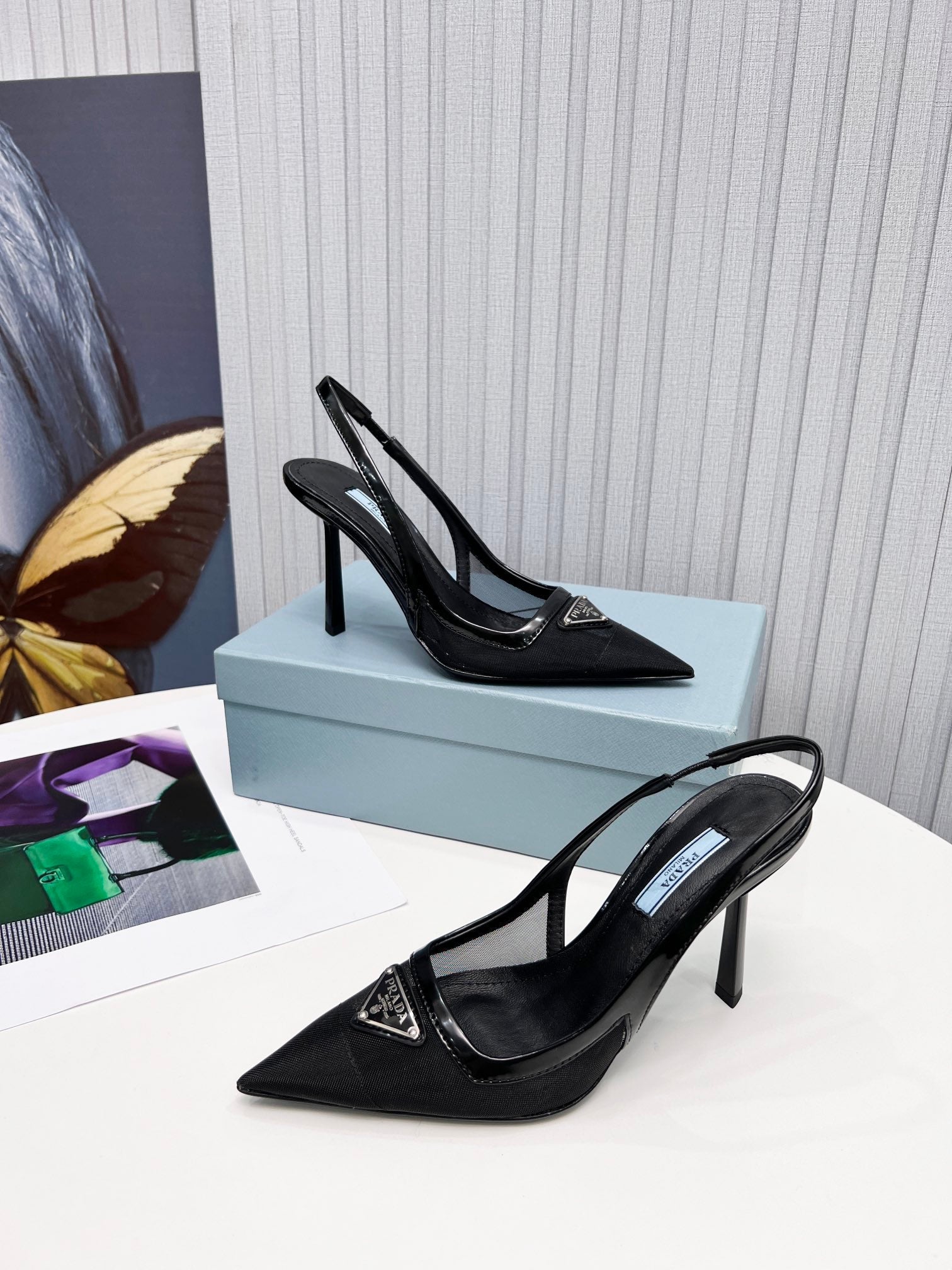PRADA 26S SLINGBACK PUMPS STILETTO HEEL 95MM IN BLACK MESH WITH LOGO