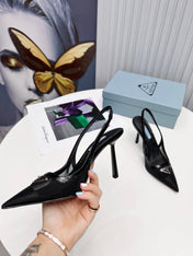 PRADA 26S SLINGBACK PUMPS STILETTO HEEL 95MM IN BLACK MESH WITH LOGO