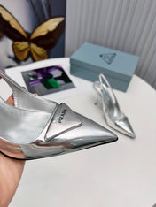 PRADA 26S SLINGBACK PUMPS STILETTO HEEL 95MM IN SILVER PATENT CALFSKIN LOGO