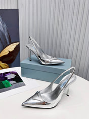 PRADA 26S SLINGBACK PUMPS STILETTO HEEL 95MM IN SILVER PATENT CALFSKIN LOGO