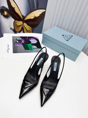 PRADA 26S SLINGBACK PUMPS STILETTO HEEL 95MM IN BLACK PATENT CALFSKIN LOGO