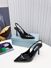 PRADA 26S SLINGBACK PUMPS STILETTO HEEL 95MM IN BLACK PATENT CALFSKIN LOGO