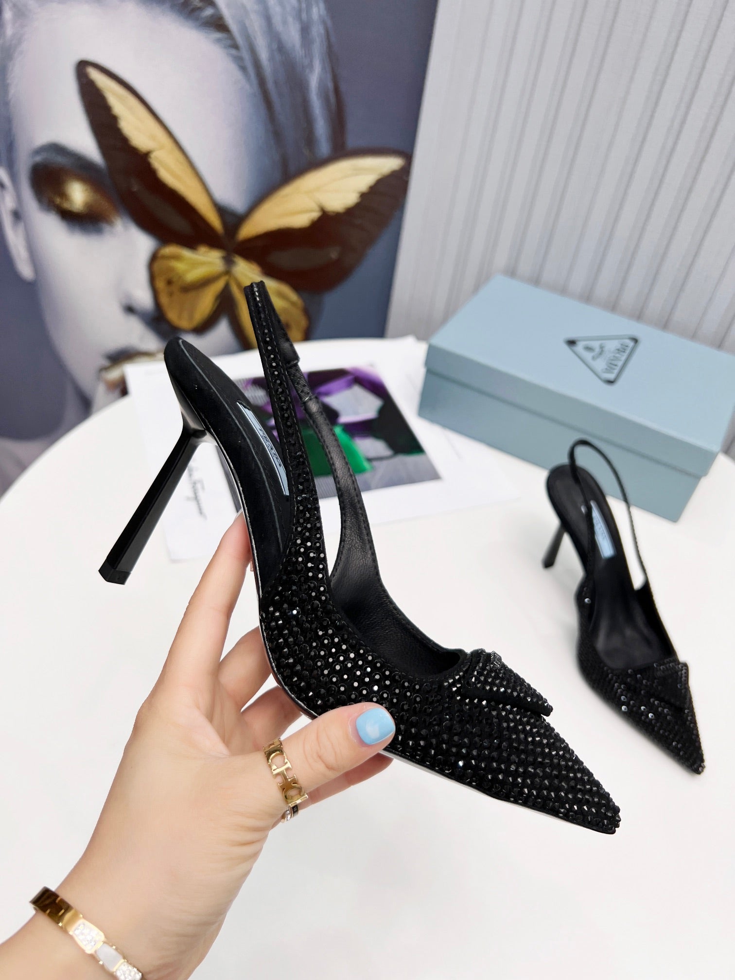PRADA 26S SLINGBACK PUMPS STILETTO HEEL 95MM IN CRYSTAL EMBELLISHED STYLE 2
