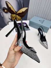 PRADA 26S SLINGBACK PUMPS STILETTO HEEL 95MM IN CRYSTAL EMBELLISHED STYLE 1