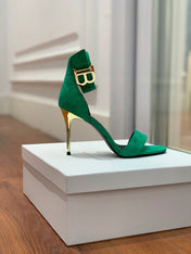 BALMAIN 25S THIN STRAP HIGH HEELS 105MM IN GREEN SUEDE GOLD HARDWARE