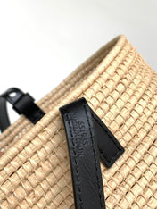 LOEWE 25S BASKET BAG 30 IN NATURAL MIX BLACK RAFFIA CALFSKIN SHOULDER STRAP
