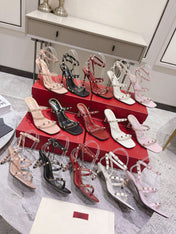 HIGH HEEL 6 CM SANDAL IN RUBY RED LAMBSKIN WITH STUDS