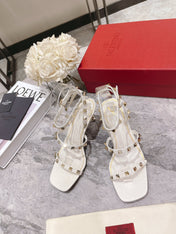 HIGH HEEL 6 CM SANDAL IN WHITE LAMBSKIN WITH STUDS